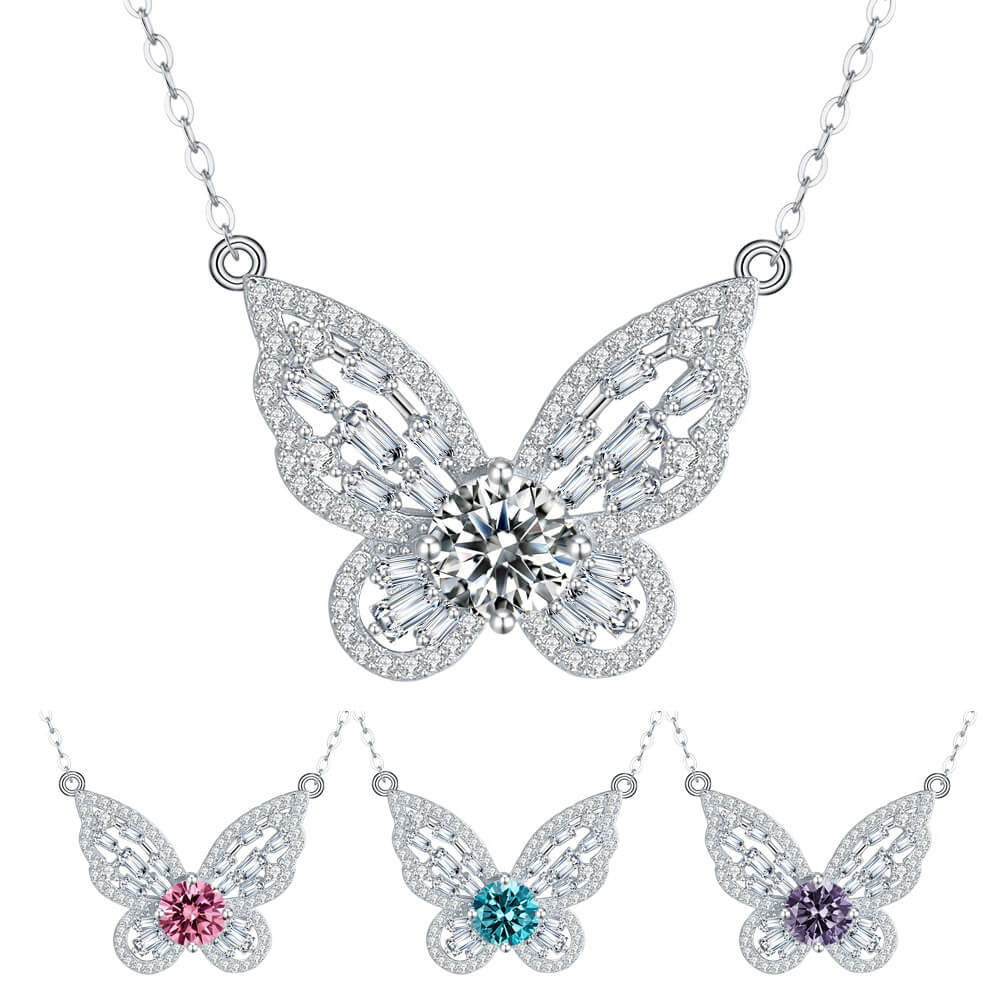 MARDAZA Butterfly Round Cut Sterling Silver Moissanite Necklace