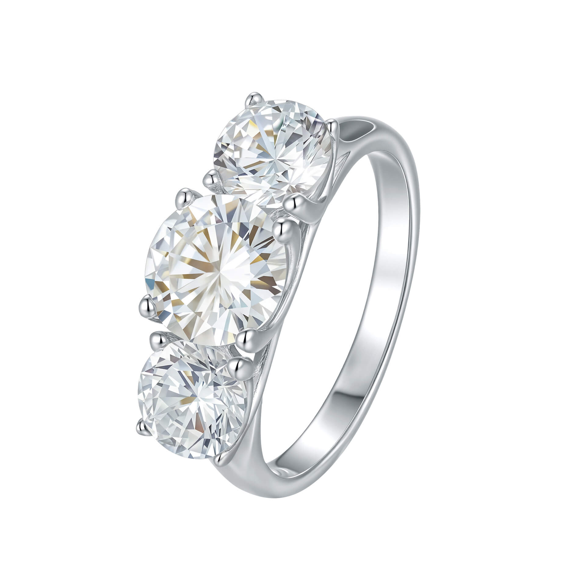 MARDAZA Three Stone Round Cut Sterling Silver Moissanite Ring