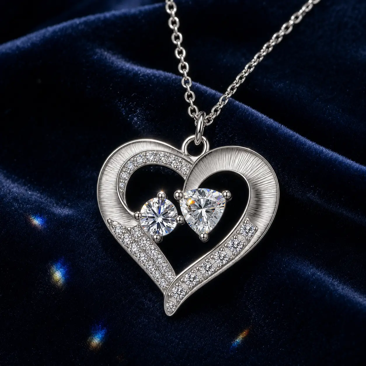 MARDAZA Brushed Heart Duet Moissanite Sterling Silver Necklace