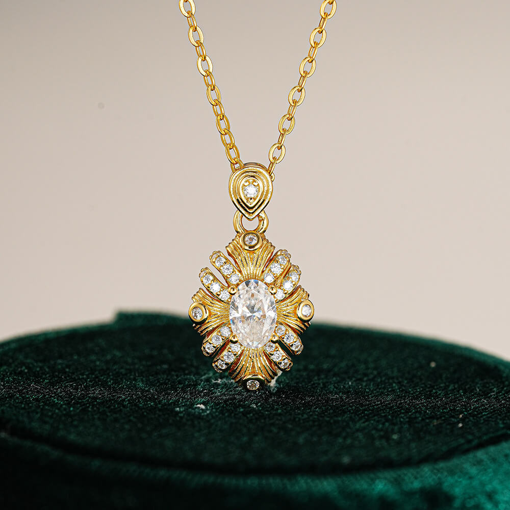 MARDAZA Sunburst Oval Cut Golden Sterling Silver Moissanite Necklace