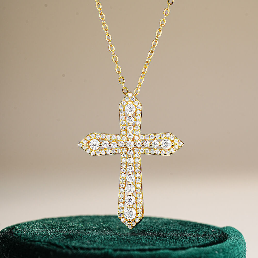 MARDAZA Radiant Cross Round Cut Golden Sterling Silver Moissanite Necklace