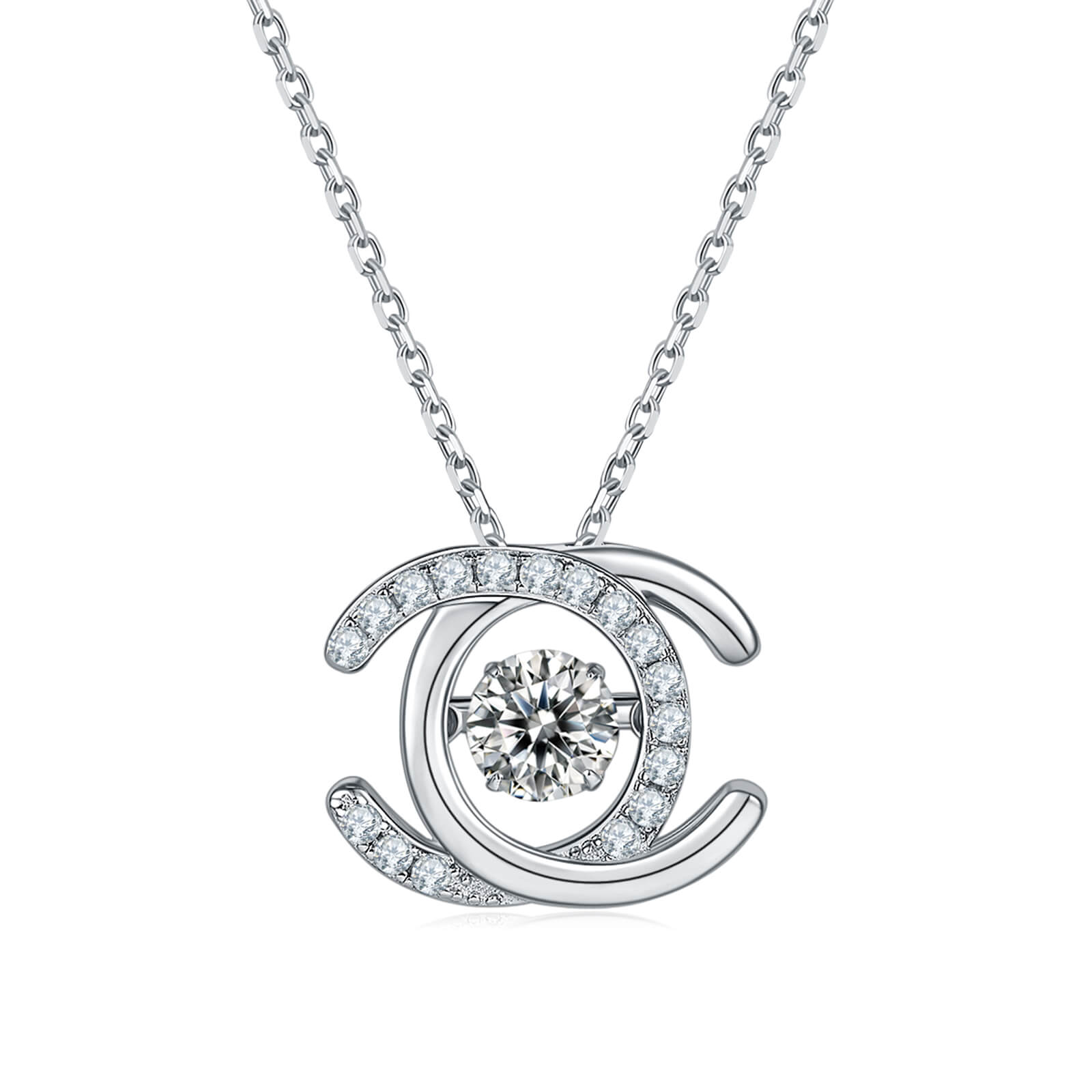 MARDAZA Dancing Double C Round Cut Sterling Silver Moissanite Necklace
