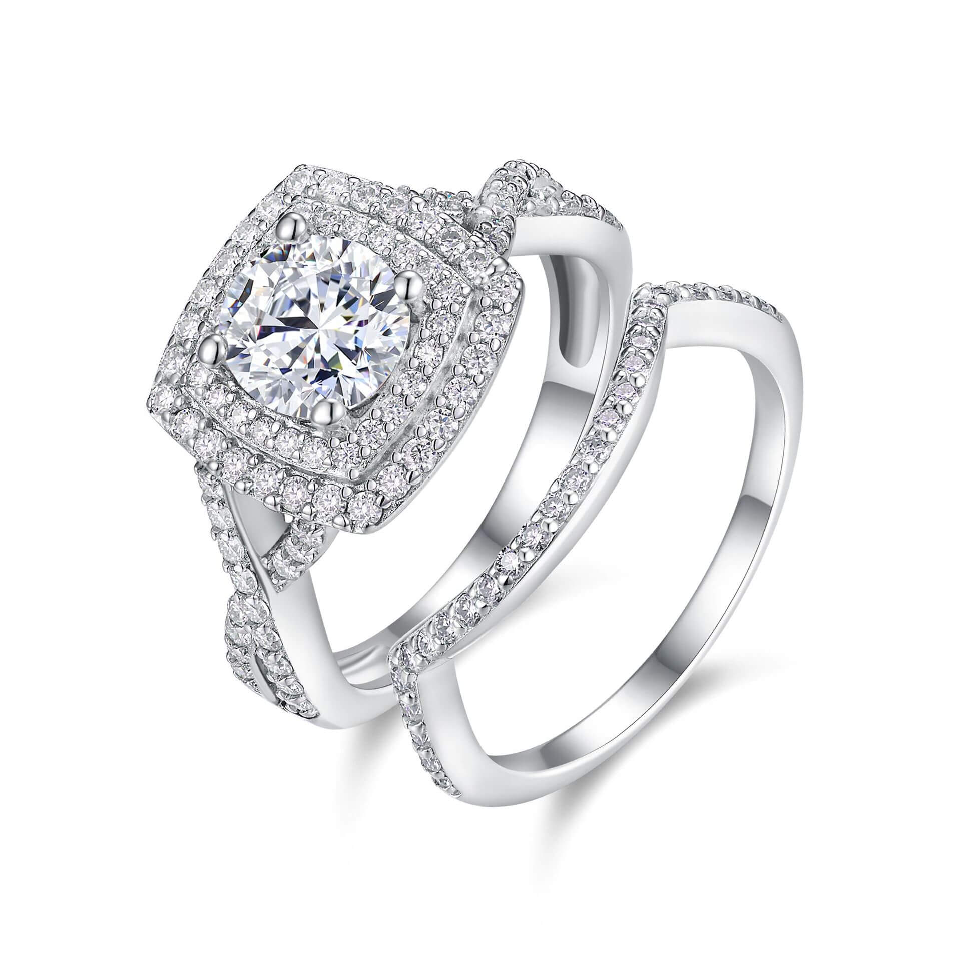 MARDAZA Stackable Double Halo Round Cut Sterling Silver Moissanite Ring Set