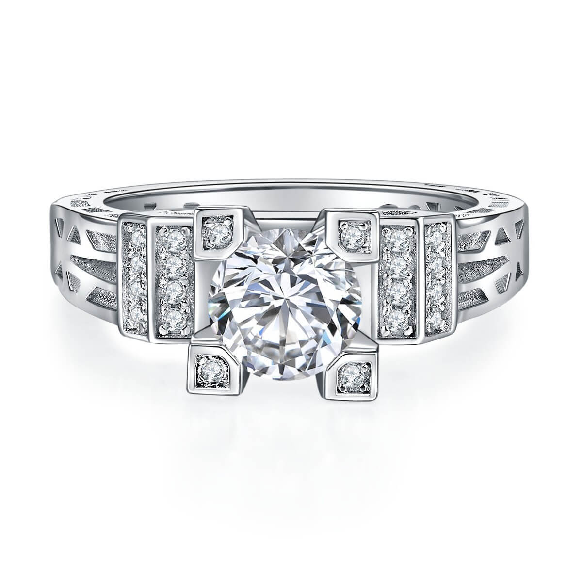 MARDAZA Geometric Crown Round Cut Sterling Silver Moissanite Ring