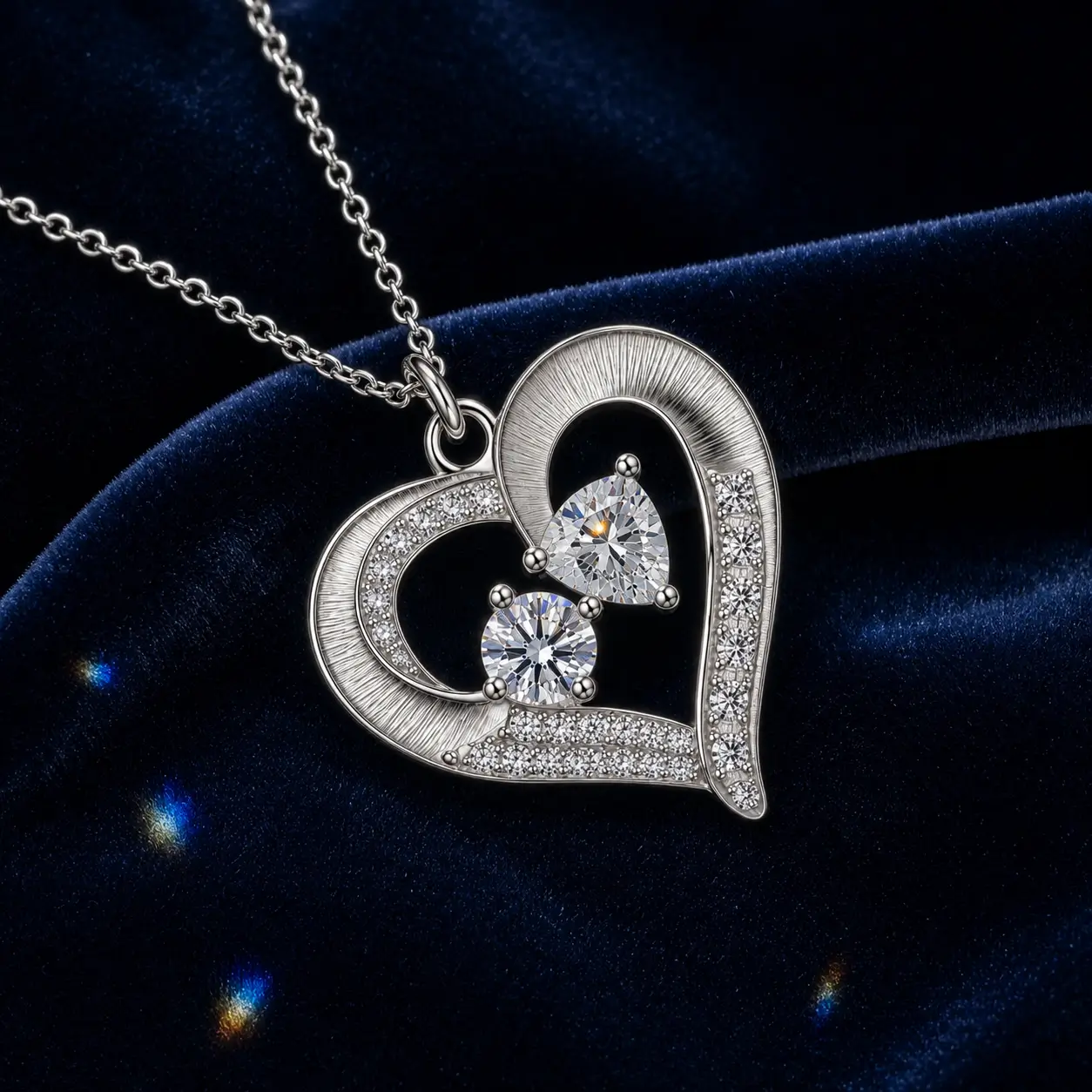 MARDAZA Brushed Heart Duet Moissanite Sterling Silver Necklace