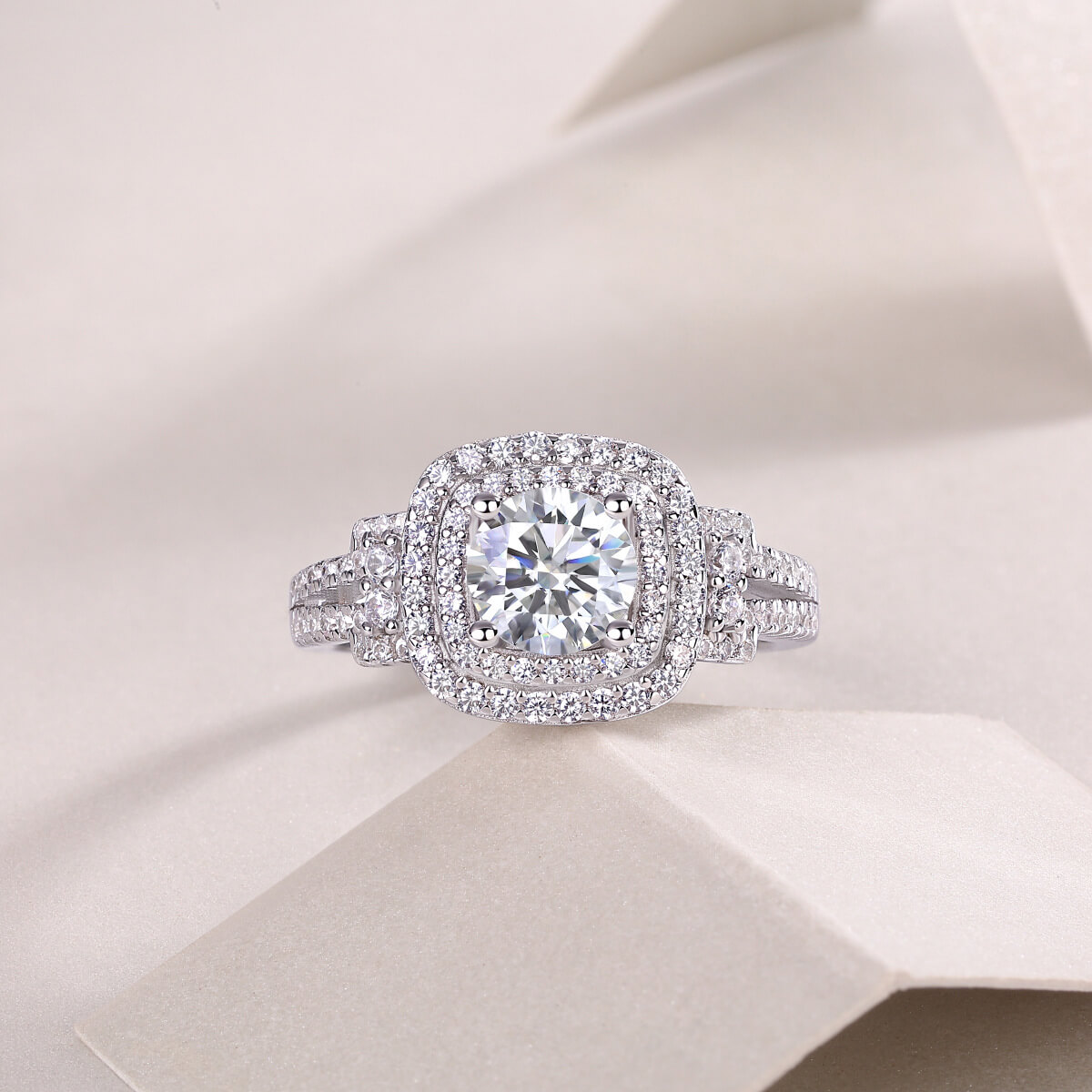 MARDAZA Double Halo Round Cut Sterling Silver Moissanite Ring