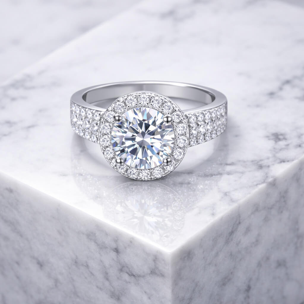 MARDAZA Classic Halo Round Cut Sterling Silver Moissanite Ring