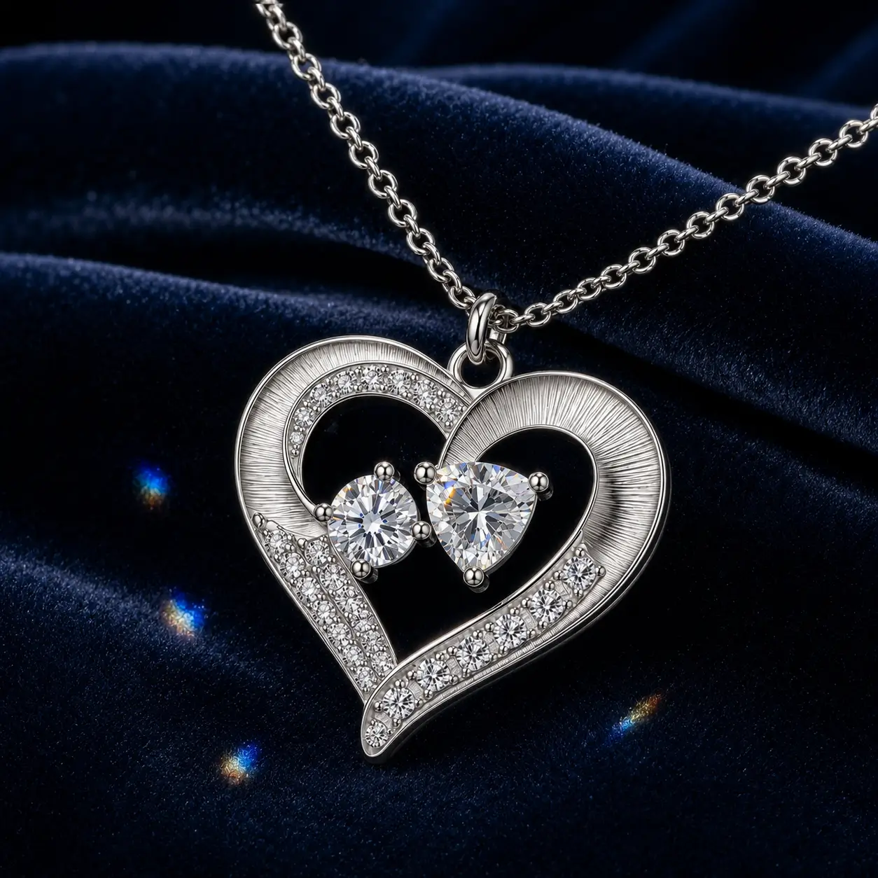 MARDAZA Brushed Heart Duet Moissanite Sterling Silver Necklace