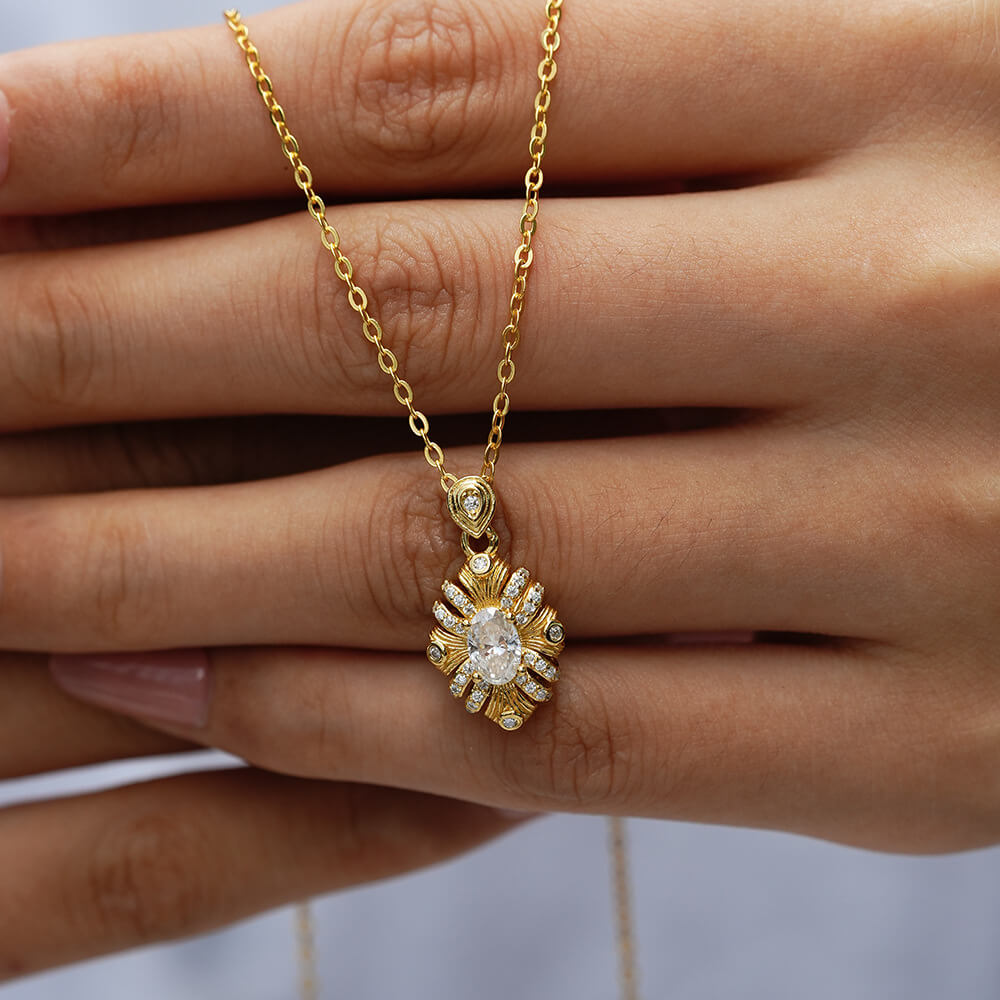 MARDAZA Sunburst Oval Cut Golden Sterling Silver Moissanite Necklace
