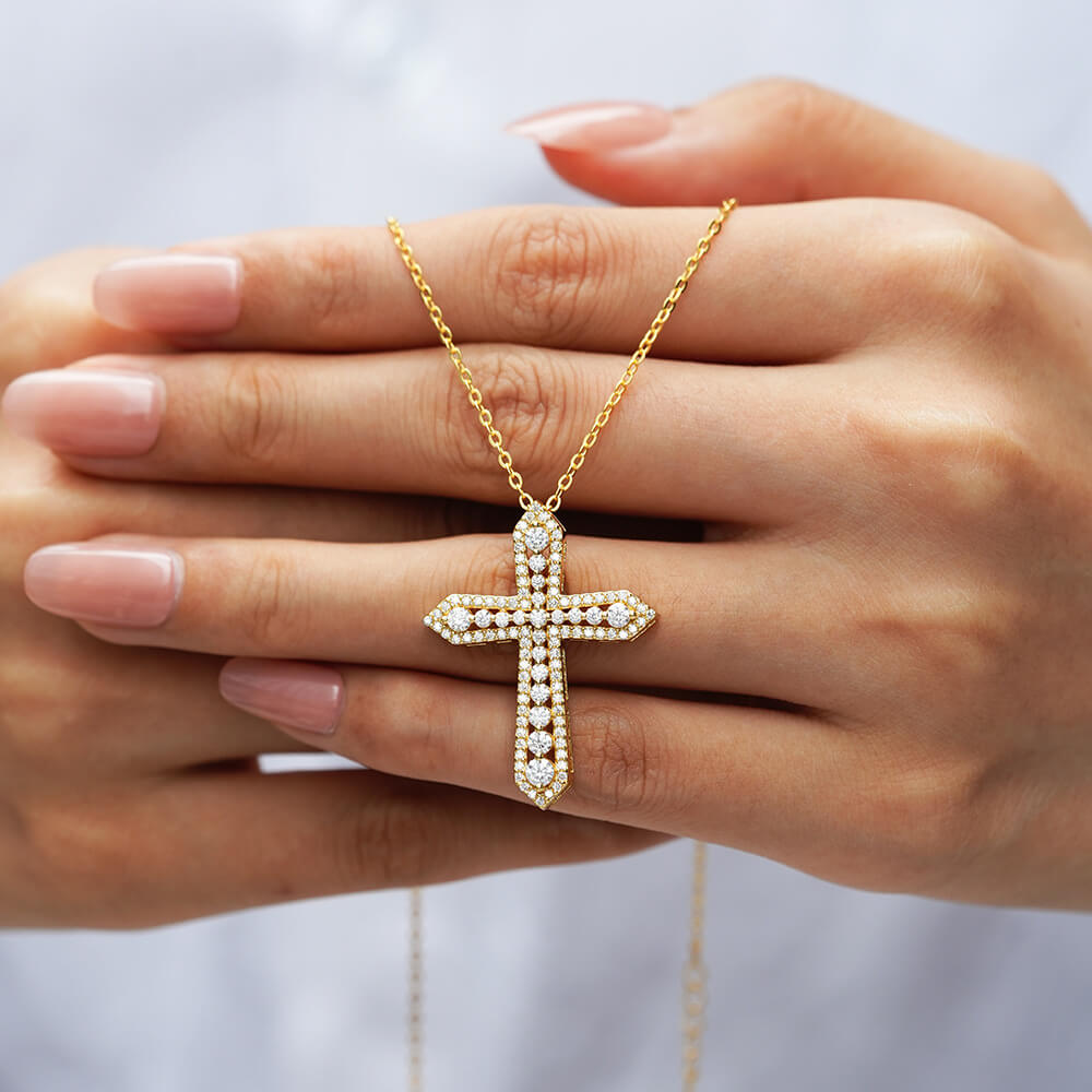 MARDAZA Radiant Cross Round Cut Golden Sterling Silver Moissanite Necklace