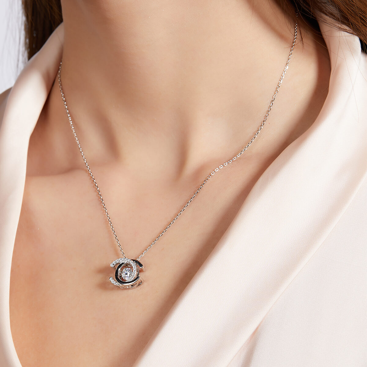 MARDAZA Dancing Double C Round Cut Sterling Silver Moissanite Necklace