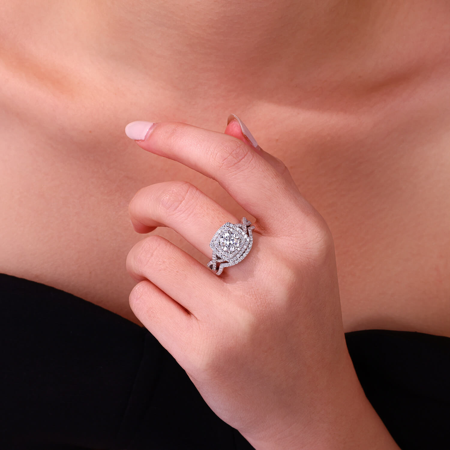 MARDAZA Stackable Double Halo Round Cut Sterling Silver Moissanite Ring Set