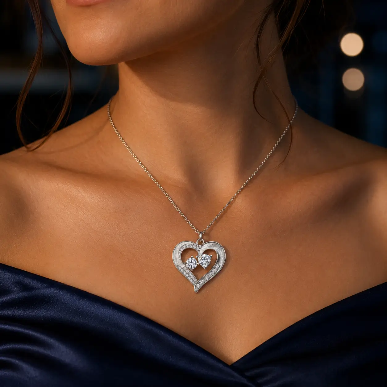 MARDAZA Brushed Heart Duet Moissanite Sterling Silver Necklace