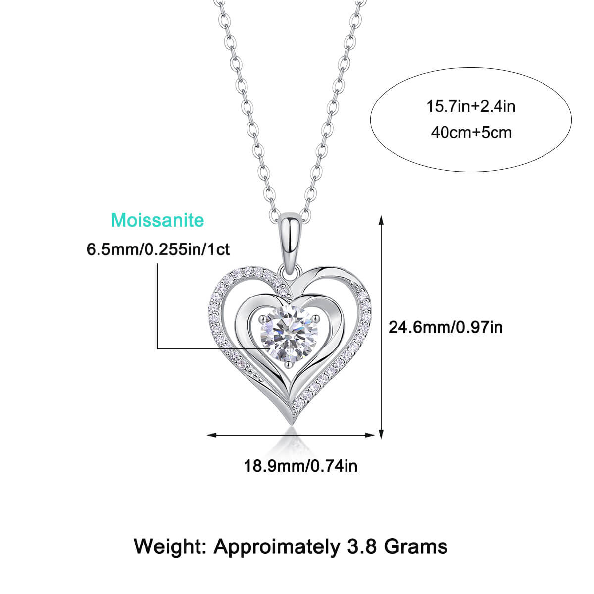 MARDAZA Radiant Double Heart Round Cut Sterling Silver Moissanite Necklace