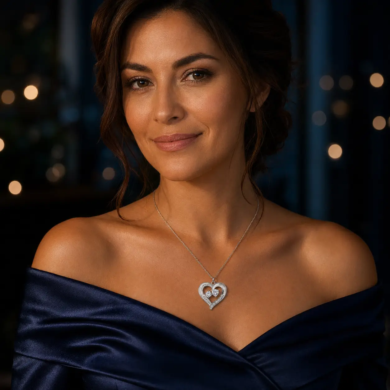 MARDAZA Brushed Heart Duet Moissanite Sterling Silver Necklace