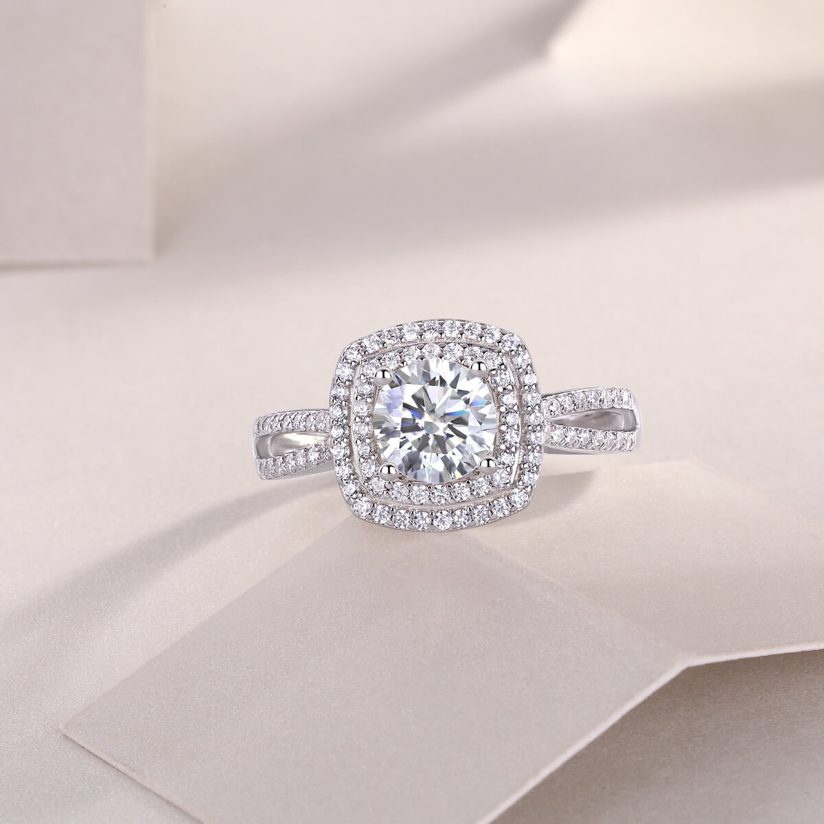 MARDAZA Double Halo Cushion Round Cut Sterling Silver Moissanite Ring