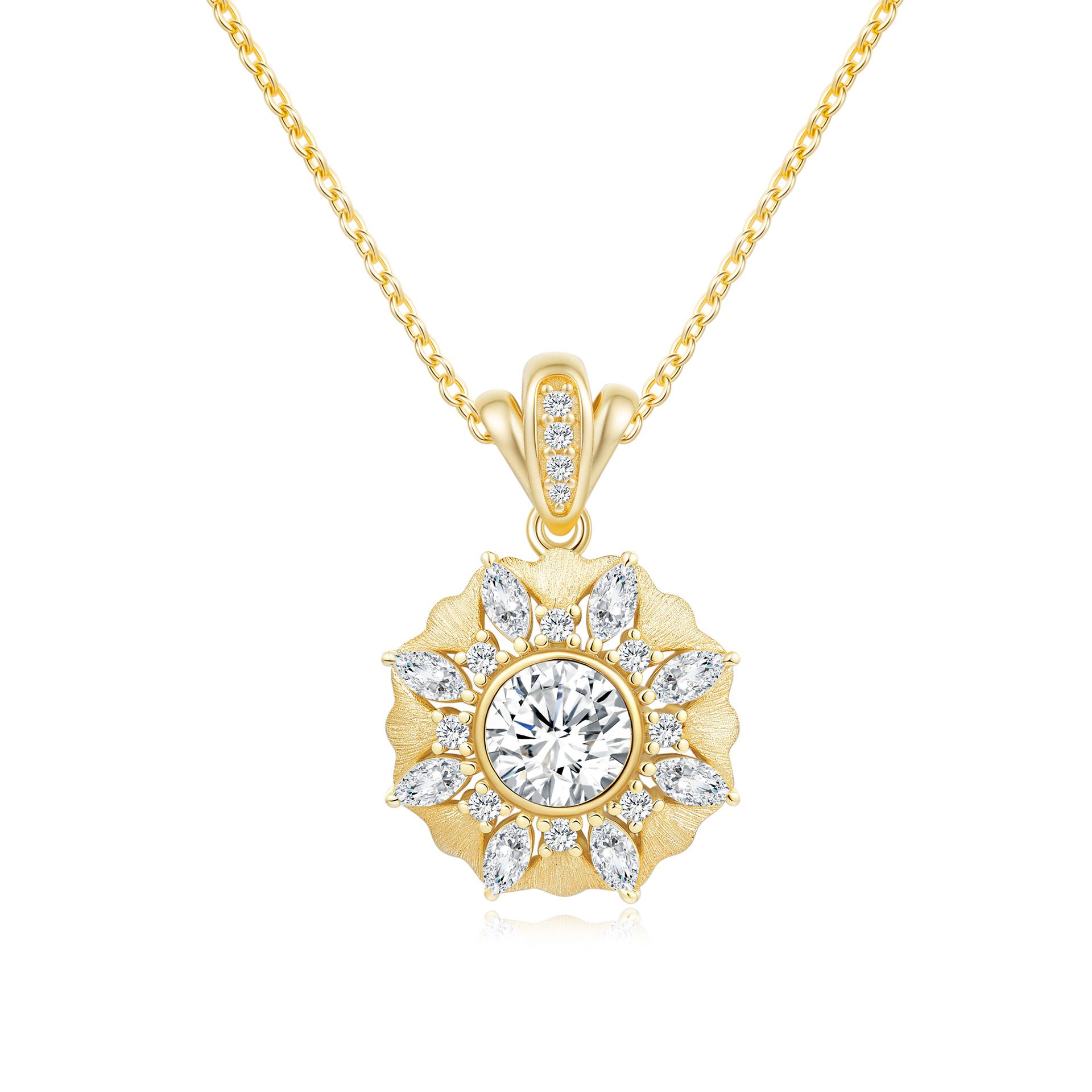 MARDAZA Satin Sunburst Round Cut Moissanite Sterling Silver Necklace