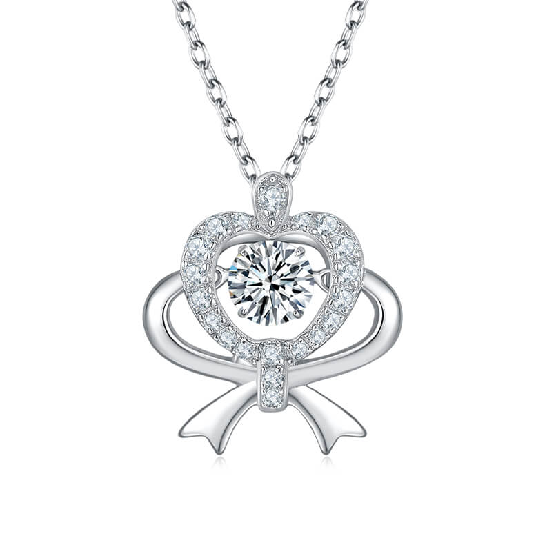 MARDAZA Dancing Bow Heart Round Cut Sterling Silver Moissanite Necklace