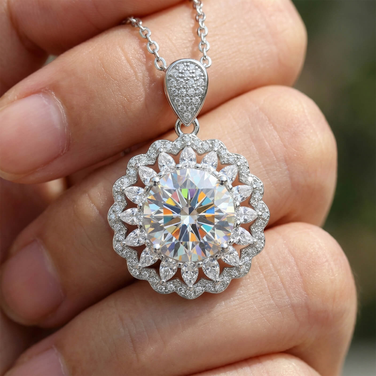 MARDAZA Radiant Sunburst Round Cut Sterling Silver Moissanite Necklace