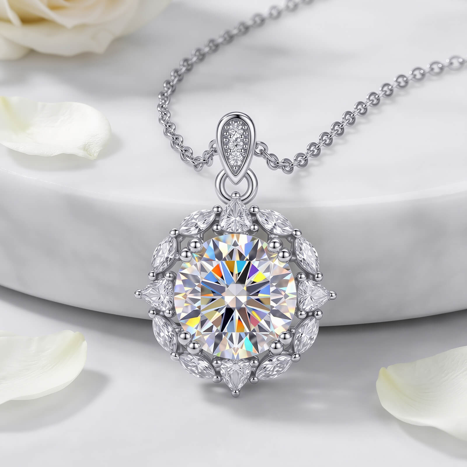 MARDAZA Vintage Cluster Round Cut Sterling Silver Moissanite Necklace