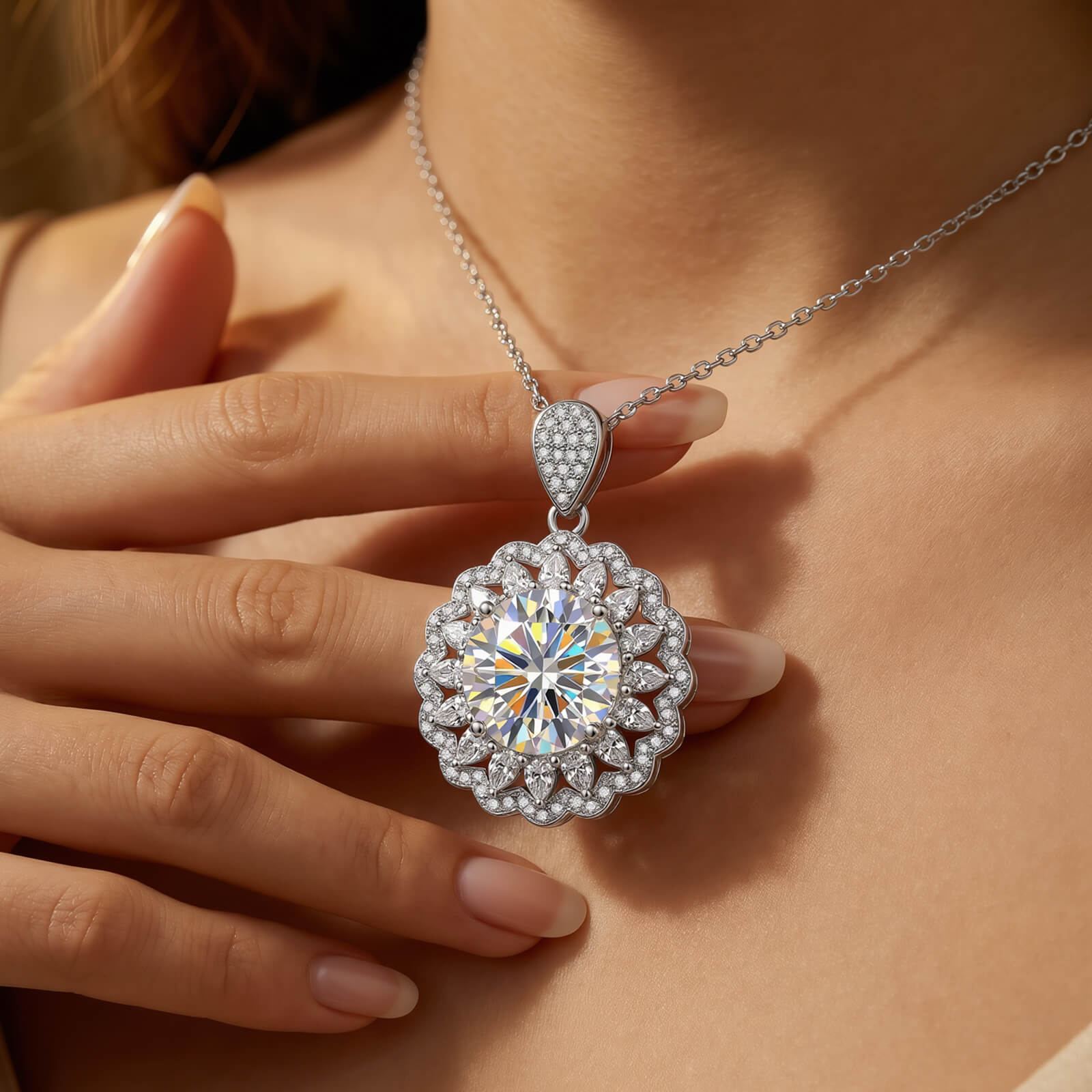 MARDAZA Radiant Sunburst Round Cut Sterling Silver Moissanite Necklace