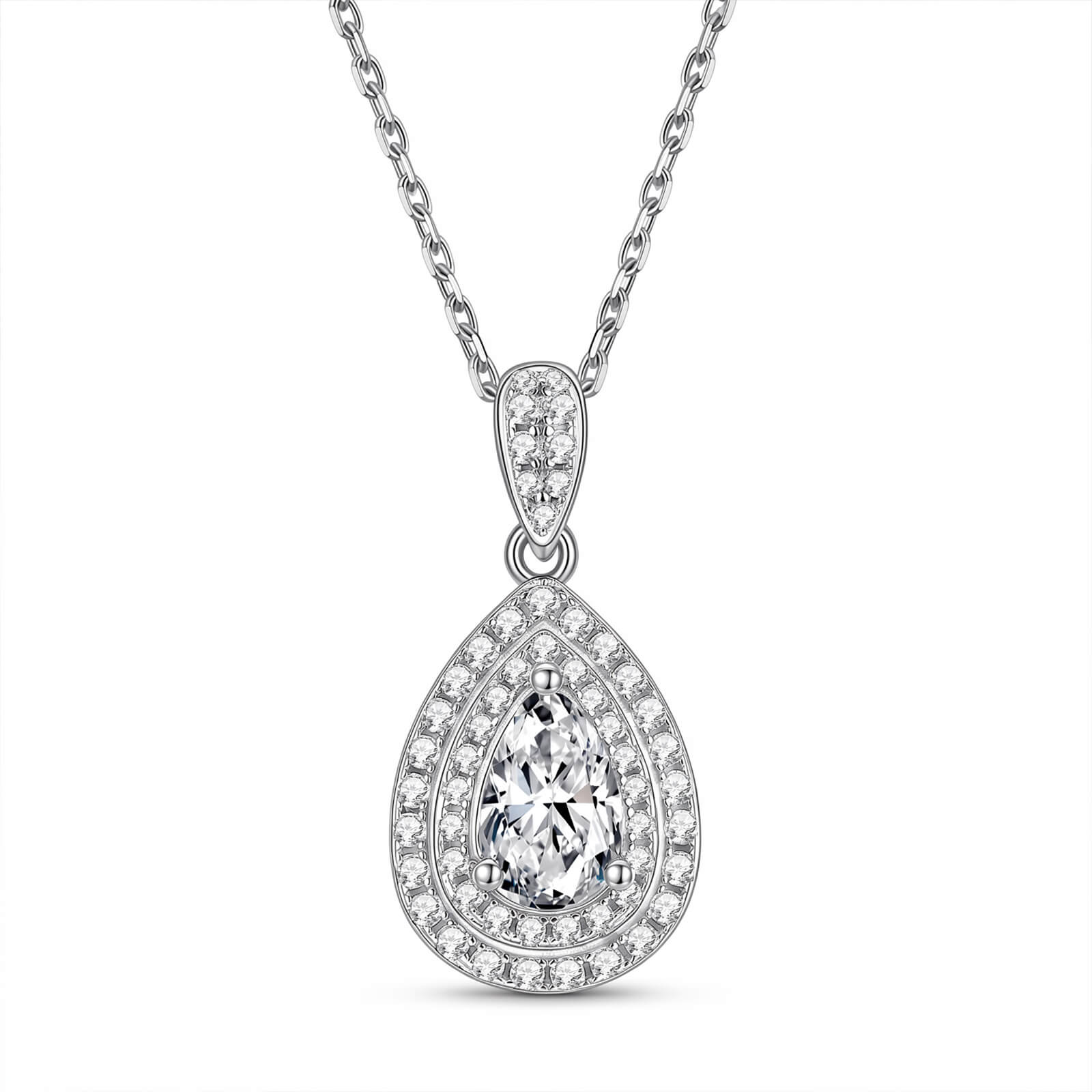 MARDAZA Celeste Pear Cut Moissanite Double Halo Sterling Silver Necklace
