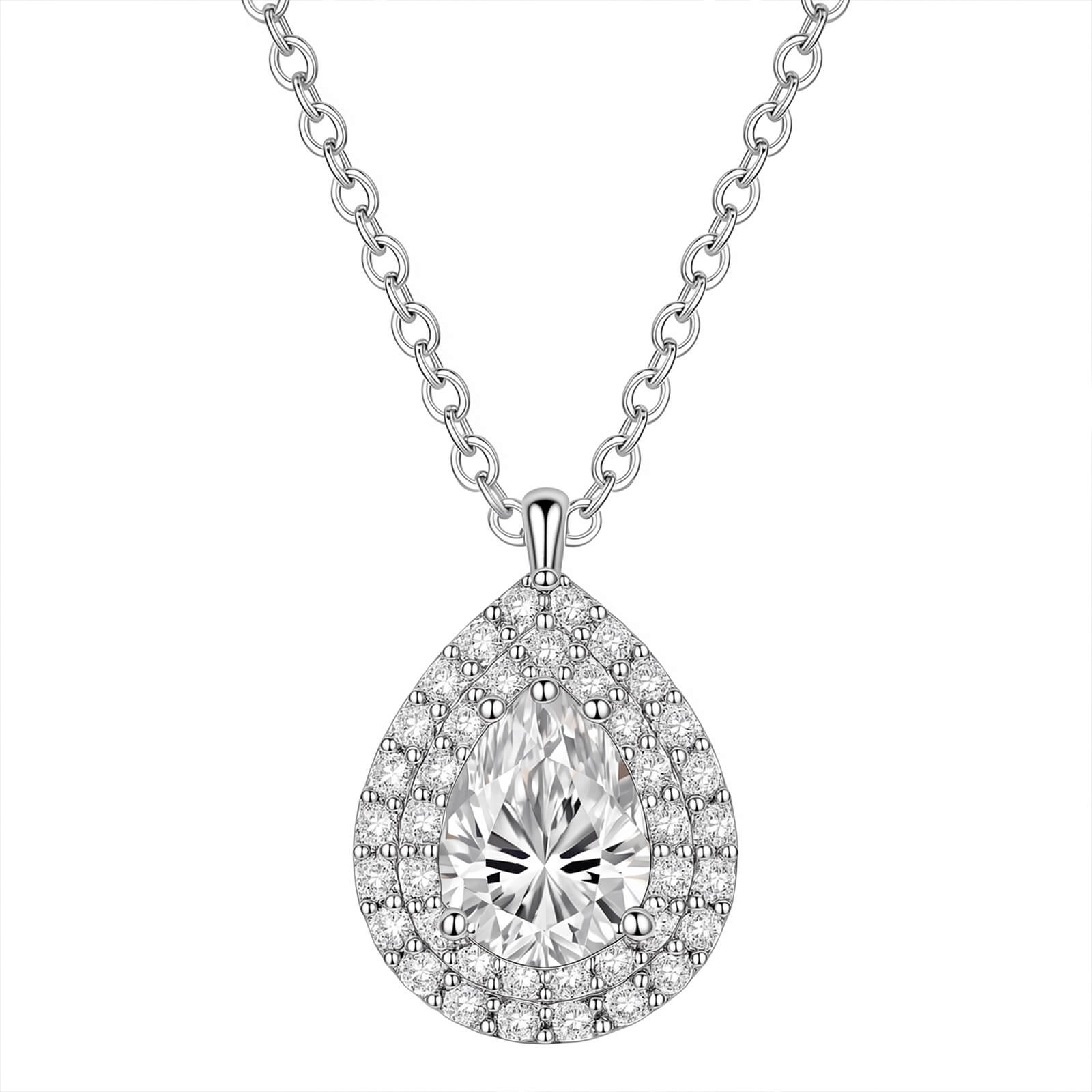 MARDAZA Luminous Teardrop Pear Cut Moissanite Double Halo Sterling Silver Necklace
