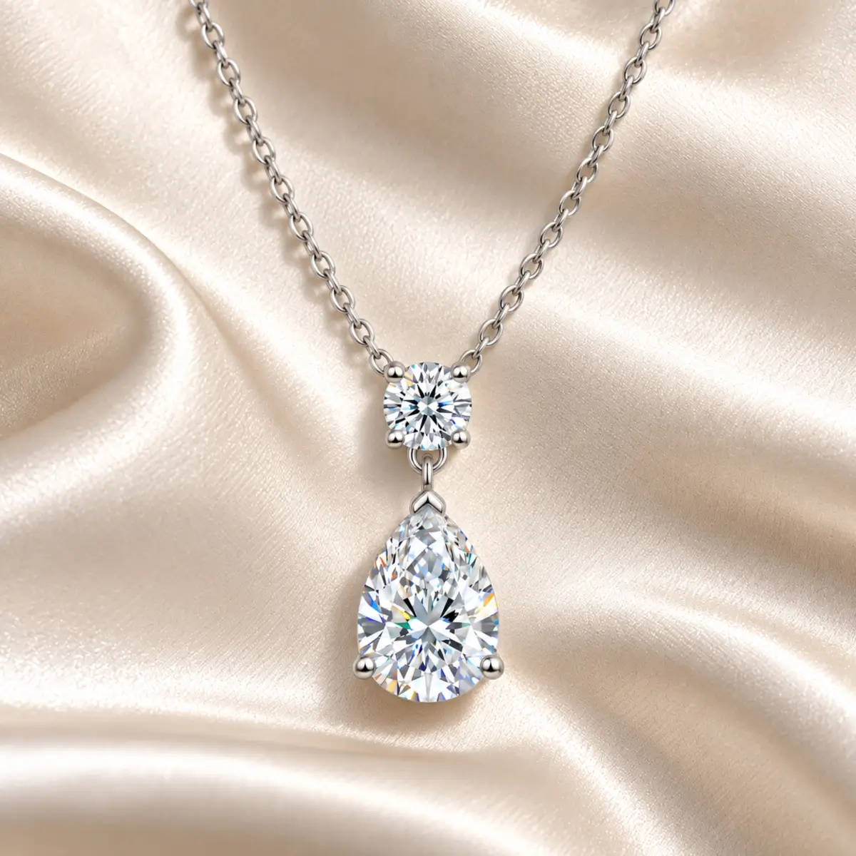 MARDAZA Pear & Round Cut Silver Moissanite Drop Necklace