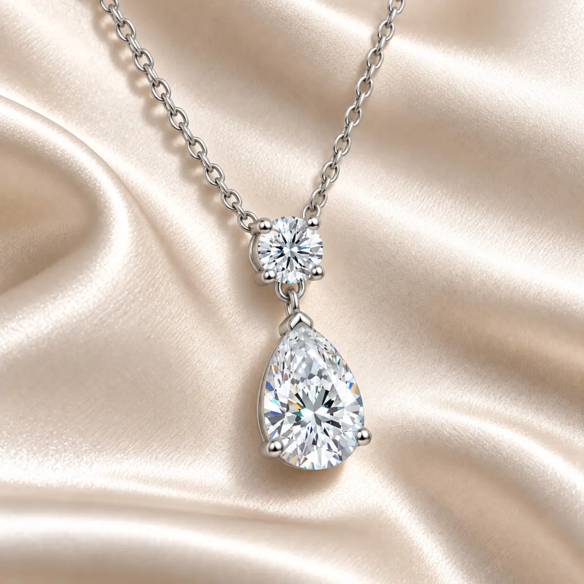 MARDAZA Pear & Round Cut Silver Moissanite Drop Necklace