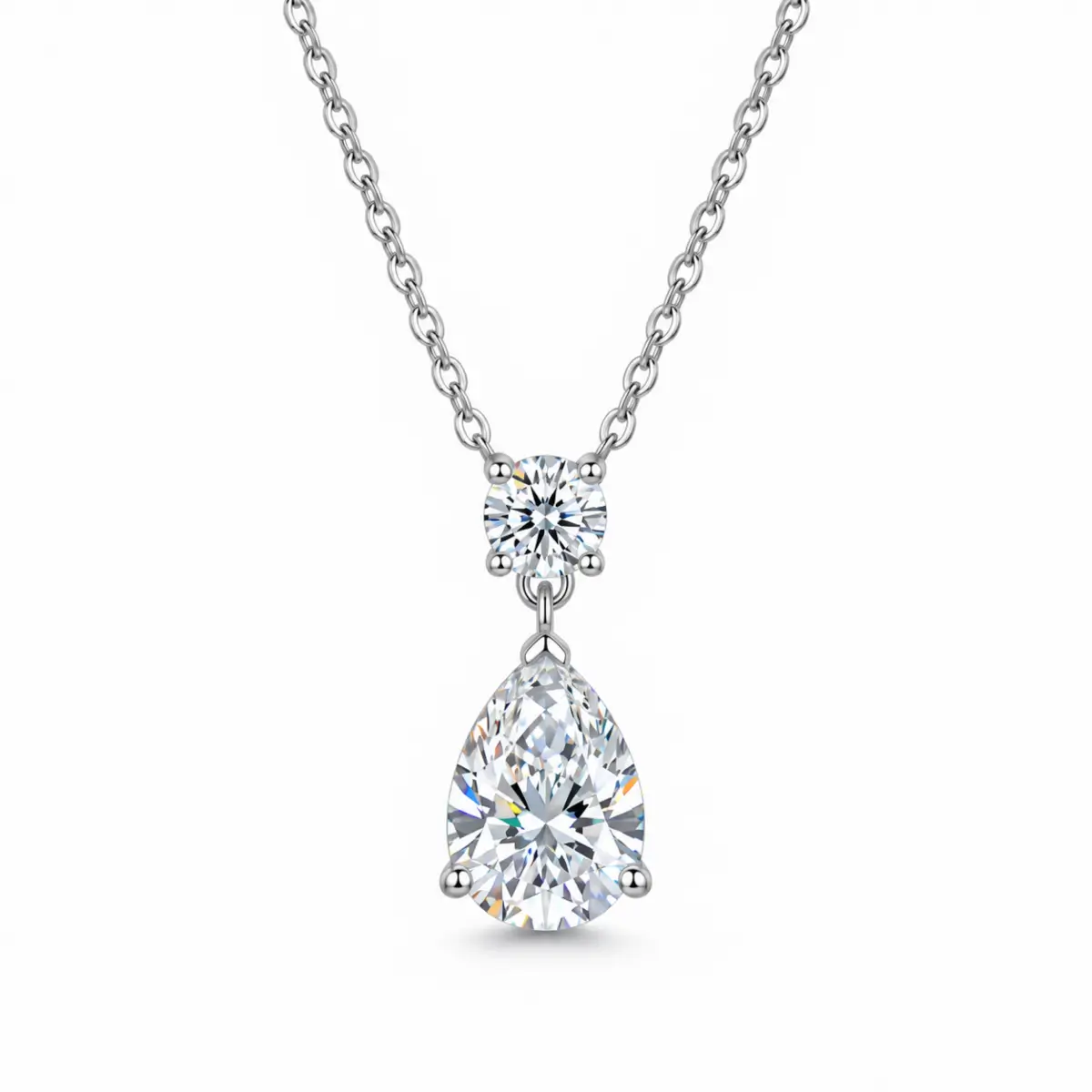 MARDAZA Pear & Round Cut Silver Moissanite Drop Necklace