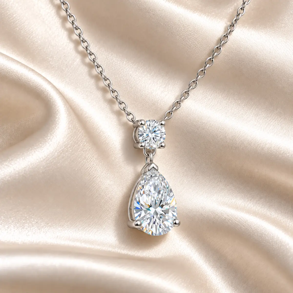 MARDAZA Pear & Round Cut Silver Moissanite Drop Necklace