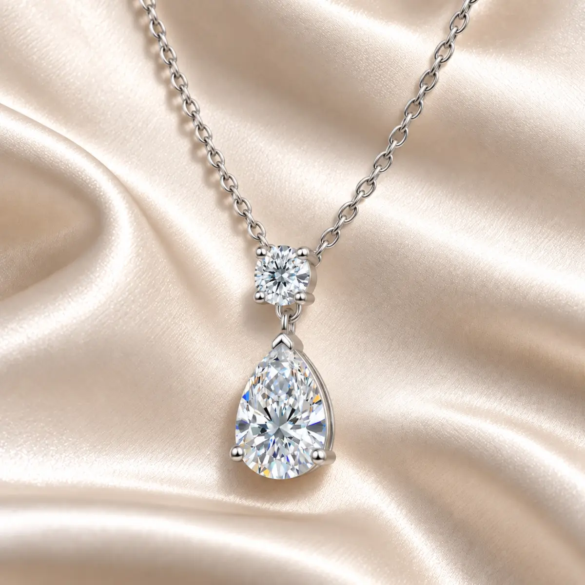 MARDAZA Pear & Round Cut Silver Moissanite Drop Necklace