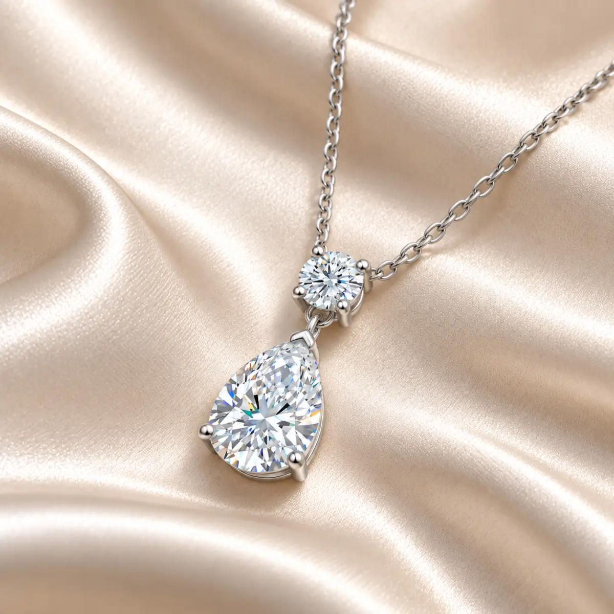MARDAZA Pear & Round Cut Silver Moissanite Drop Necklace