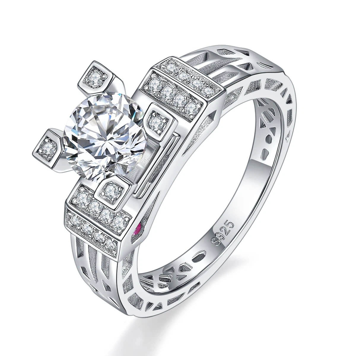 MARDAZA Geometric Crown Round Cut Sterling Silver Moissanite Ring