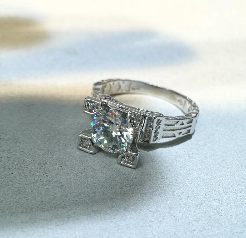 MARDAZA Geometric Crown Round Cut Sterling Silver Moissanite Ring