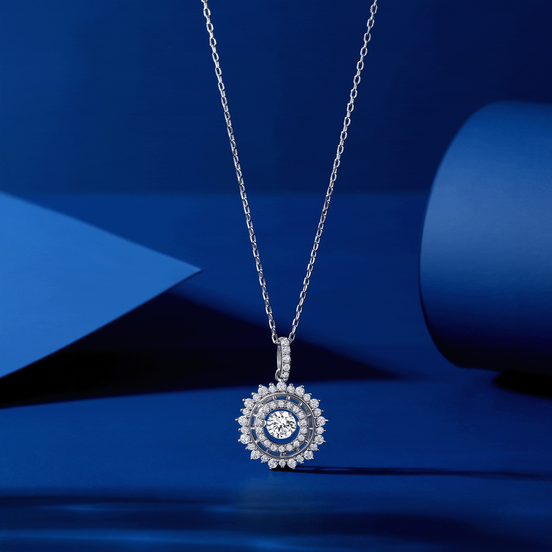 MARDAZA Dancing Sunburst Round Cut Sterling Silver Moissanite Necklace