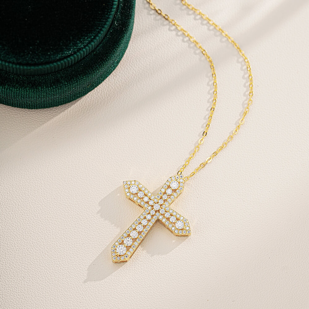 MARDAZA Radiant Cross Round Cut Golden Sterling Silver Moissanite Necklace