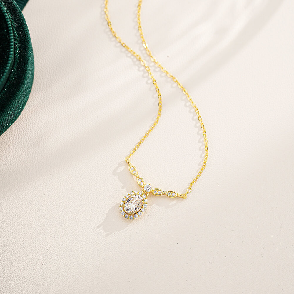 MARDAZA Sunburst Oval Cut Golden Sterling Silver Moissanite Necklace