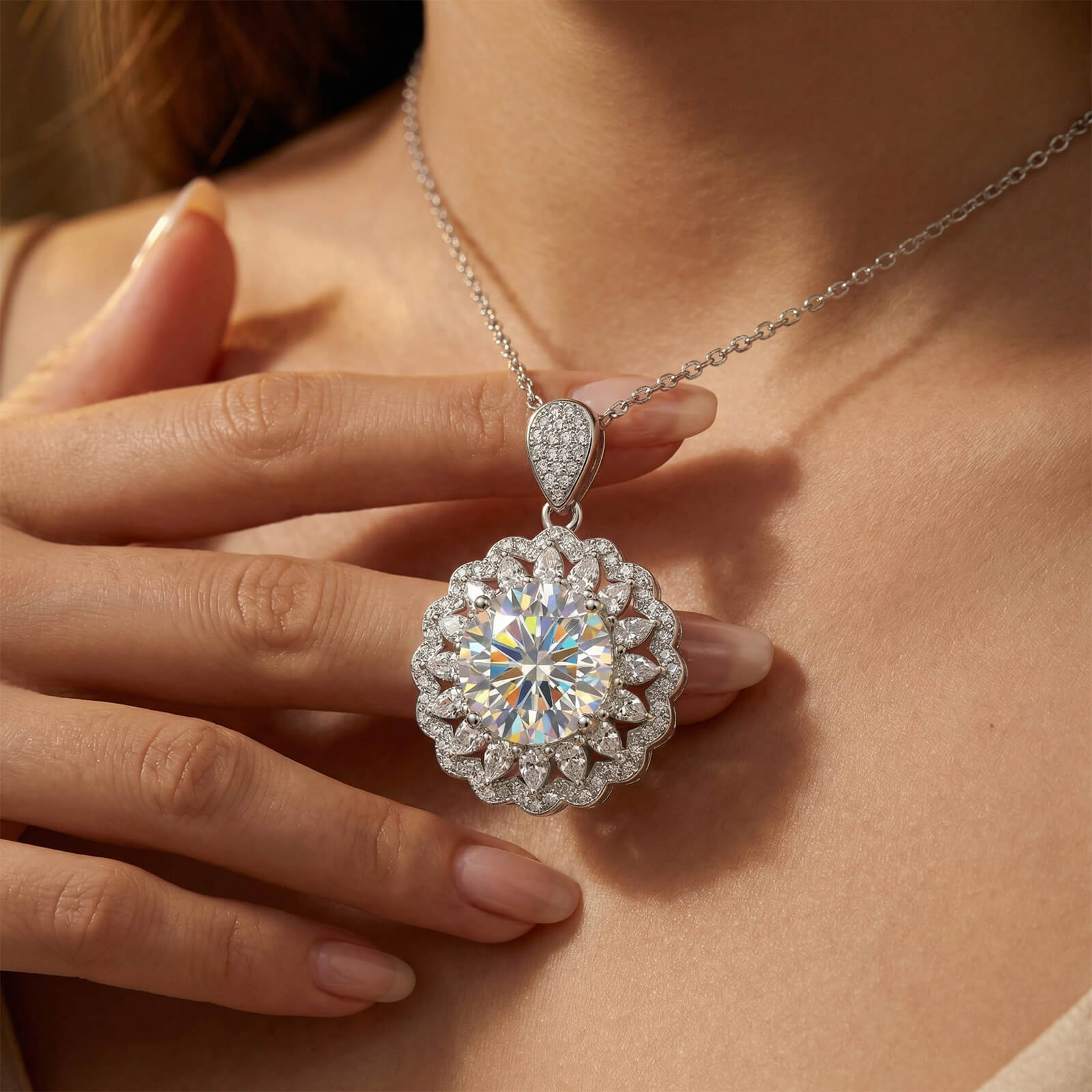 MARDAZA Radiant Sunburst Round Cut Sterling Silver Moissanite Necklace