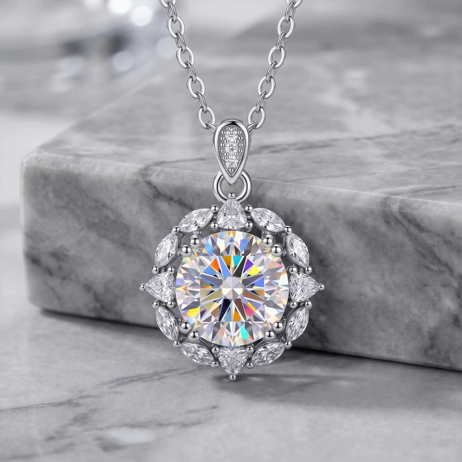 MARDAZA Vintage Cluster Round Cut Sterling Silver Moissanite Necklace