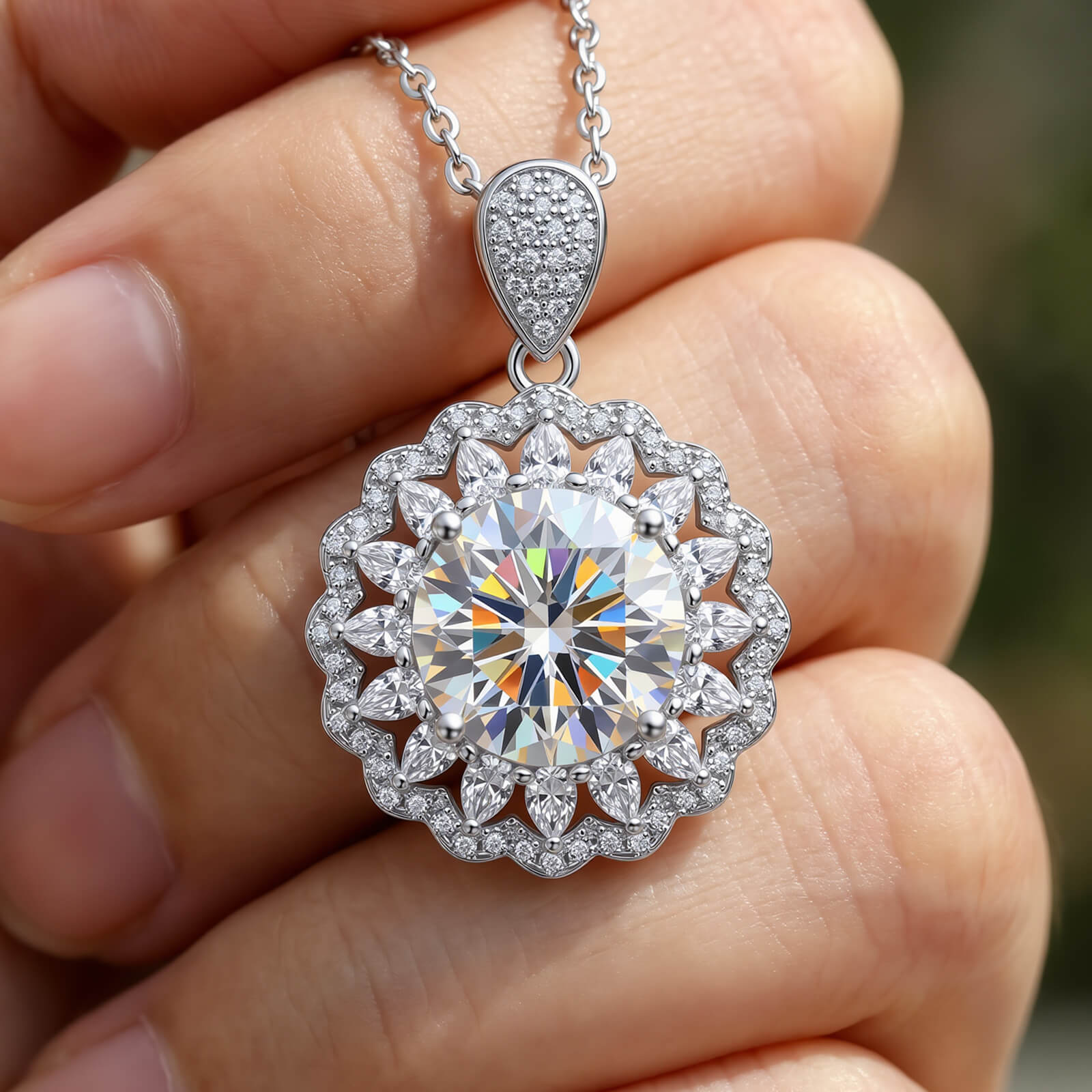 MARDAZA Radiant Sunburst Round Cut Sterling Silver Moissanite Necklace