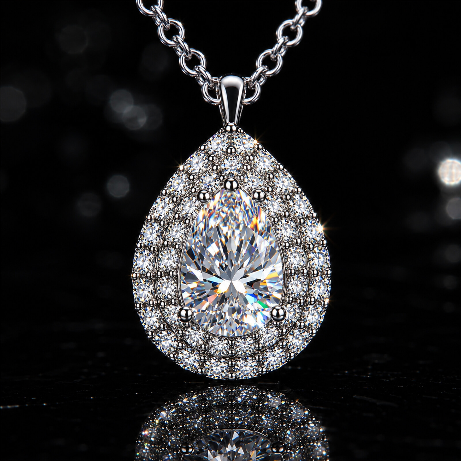 MARDAZA Luminous Teardrop Pear Cut Moissanite Double Halo Sterling Silver Necklace
