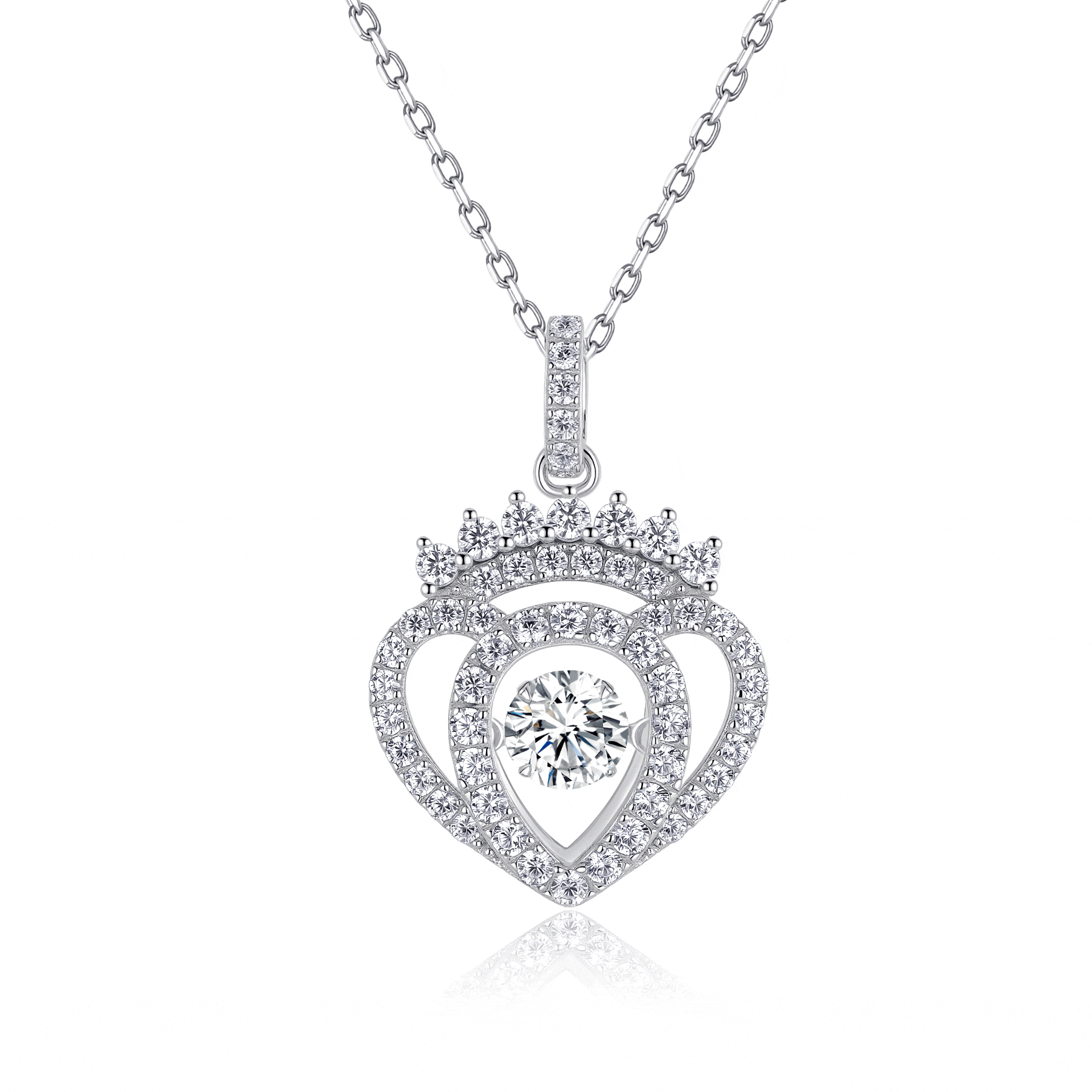 MARDAZA Dancing Crown Heart Round Cut Sterling Silver Moissanite Necklace