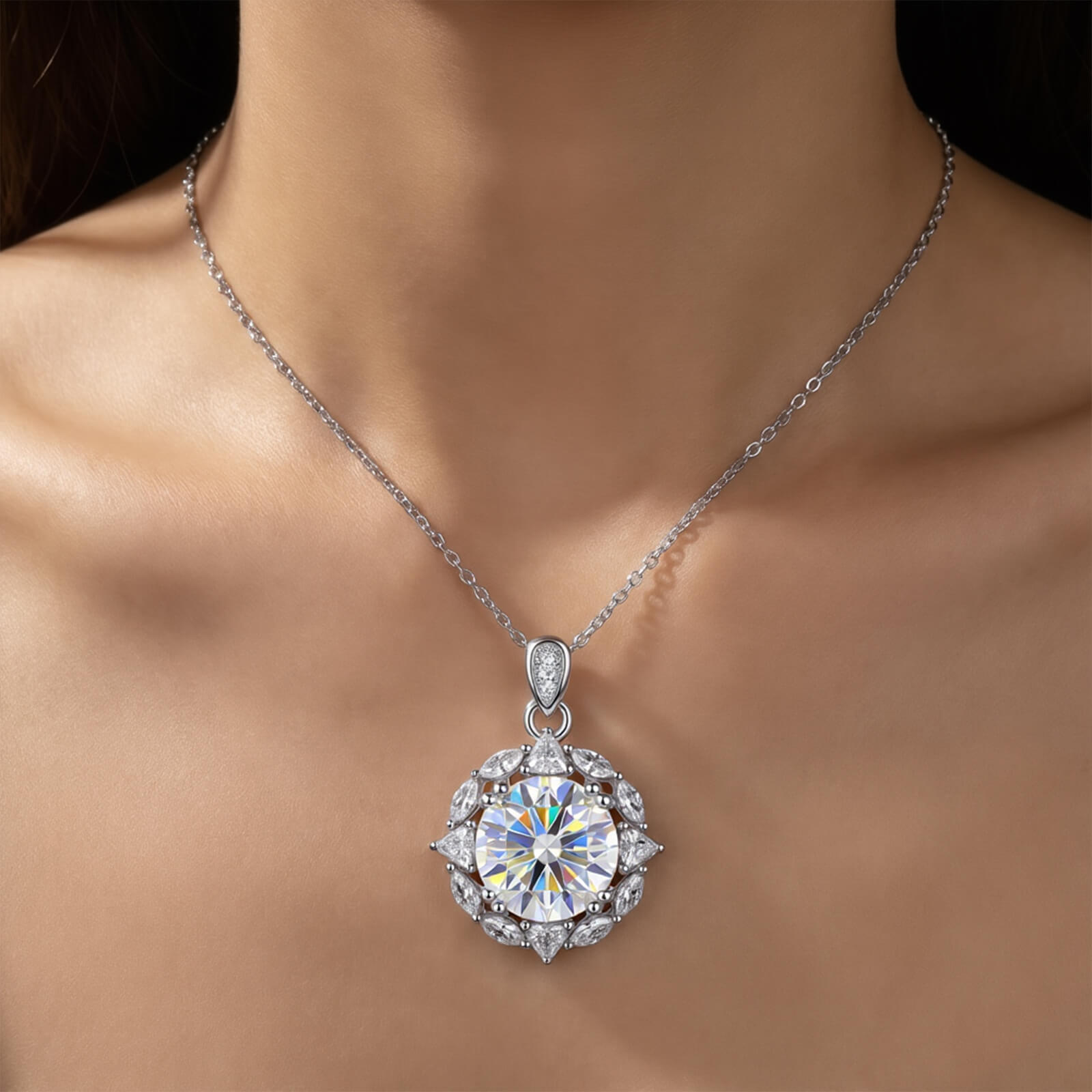 MARDAZA Vintage Cluster Round Cut Sterling Silver Moissanite Necklace