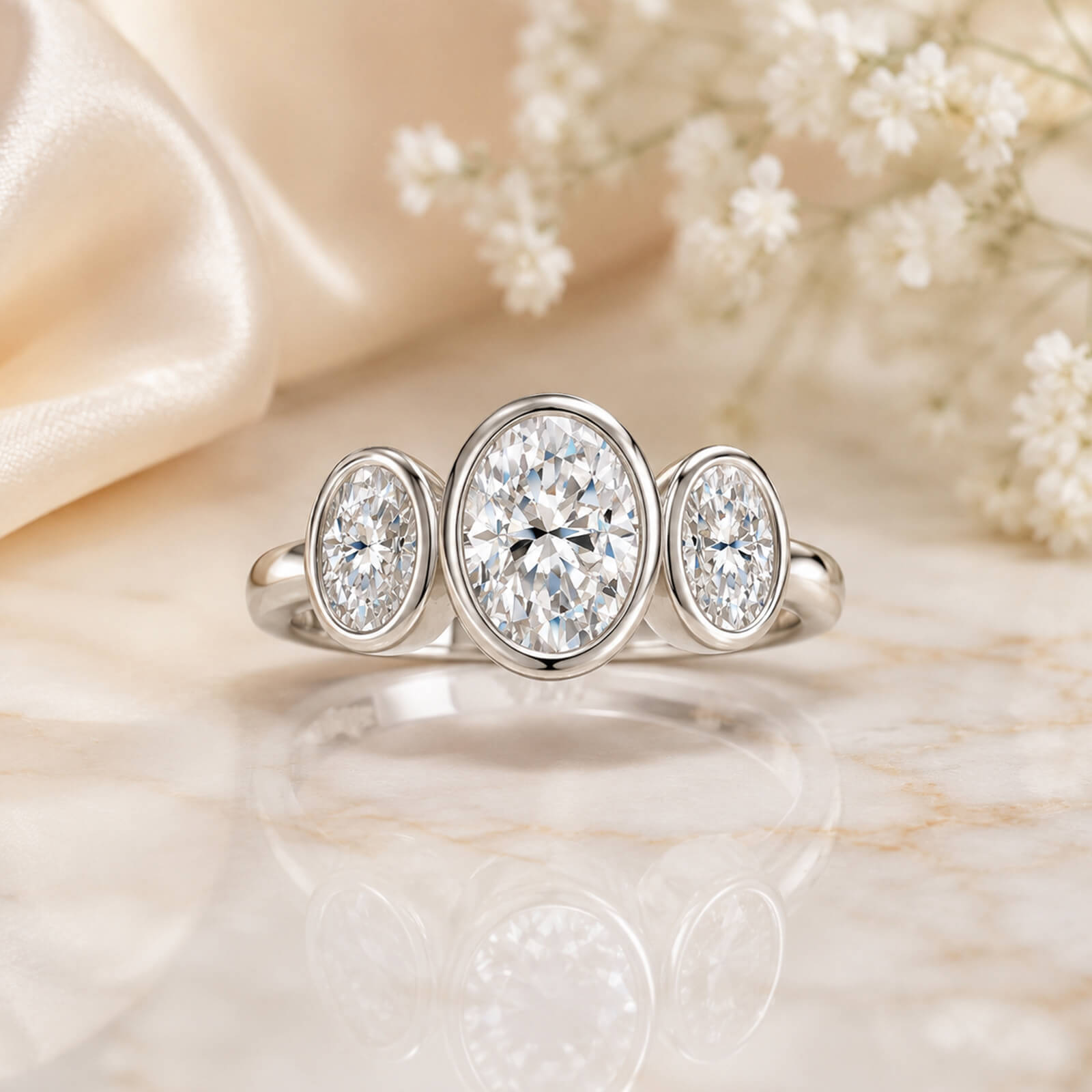MARDAZA Bezel Set Three-Stone Oval Cut Moissanite Sterling Silver Ring