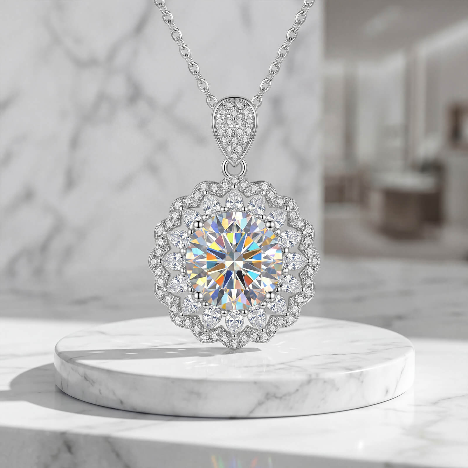 MARDAZA Radiant Sunburst Round Cut Sterling Silver Moissanite Necklace