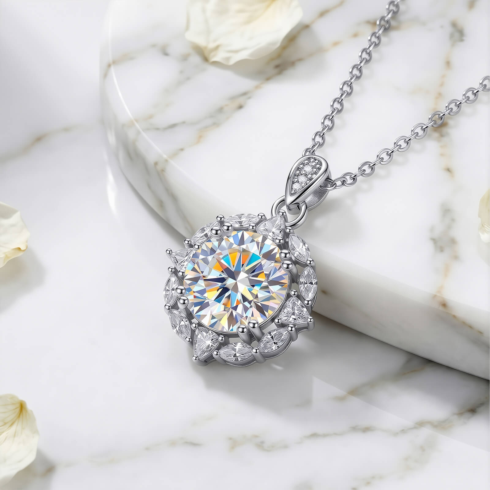 MARDAZA Vintage Cluster Round Cut Sterling Silver Moissanite Necklace