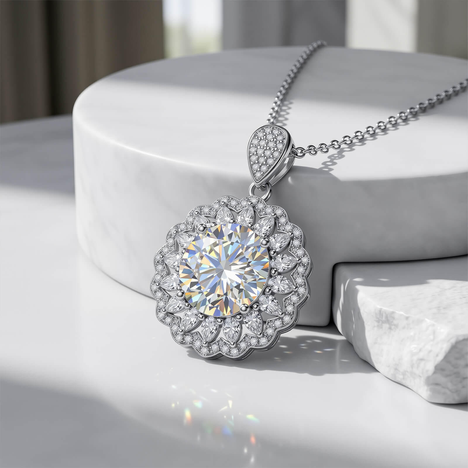 MARDAZA Radiant Sunburst Round Cut Sterling Silver Moissanite Necklace
