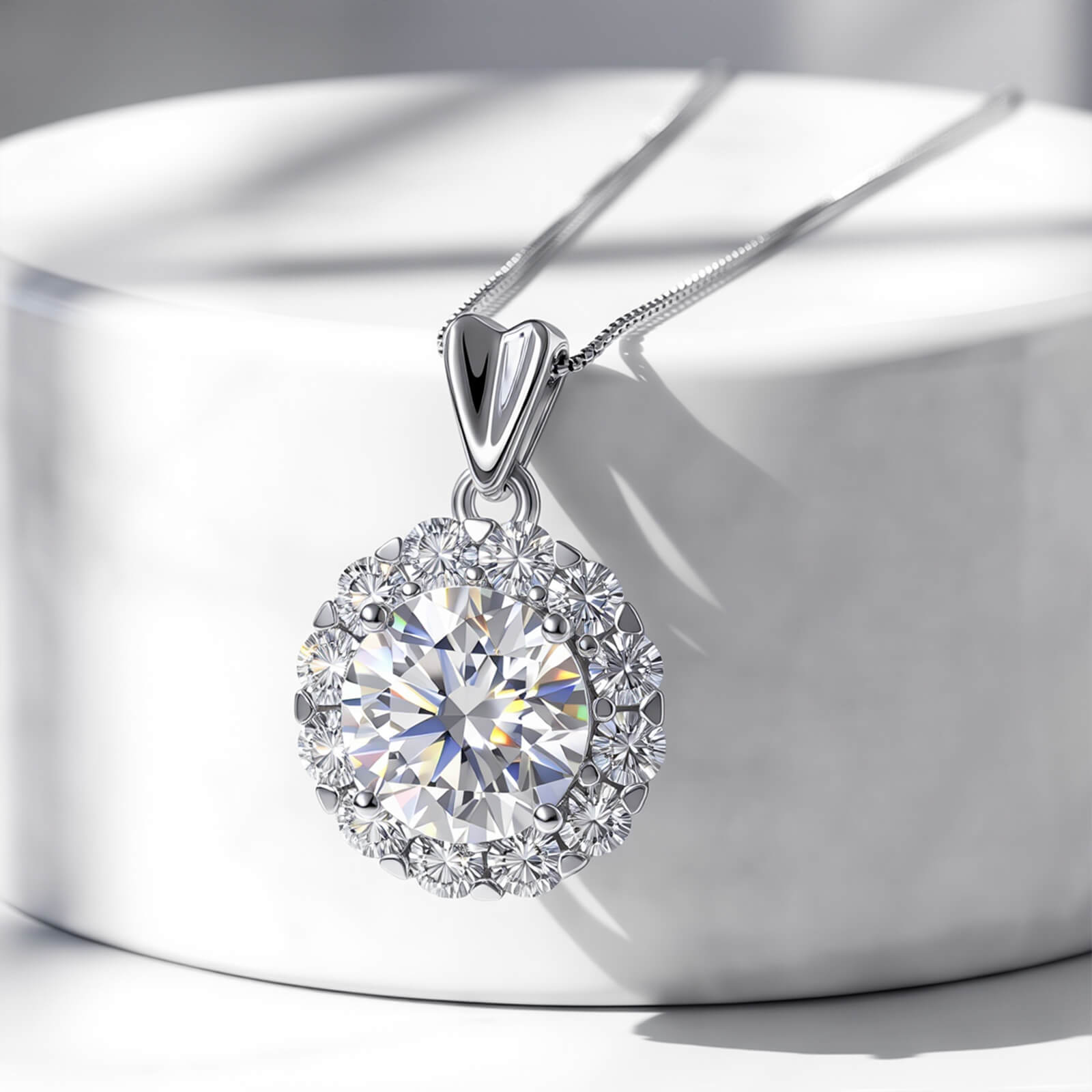 MARDAZA Sweetheart Halo Round Cut Sterling Silver Moissanite Necklace