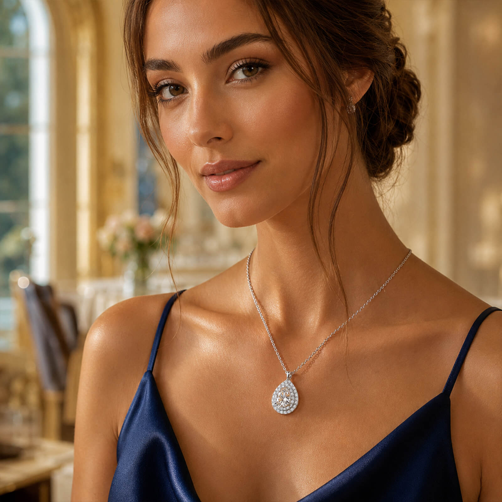 MARDAZA Luminous Teardrop Pear Cut Moissanite Double Halo Sterling Silver Necklace